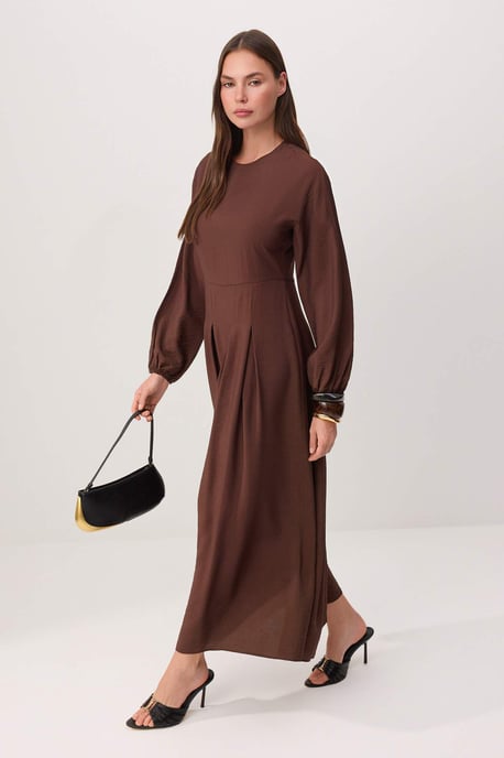Trendyol Modest Damen Braun Einfarbig Maxi Lang Skater Modest Kleider - Image 5