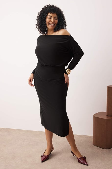 Trendyol Curve Damen Schwarz Einfarbig Maxi Lang Casual Bodycon Große Größen Kleid - Image 4