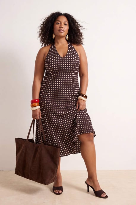 Trendyol Curve Damen Braun Gepunktet Maxi Ärmellos A-Linie Große Größen Kleid - Image 6