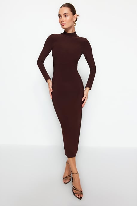 TRENDYOLMİLLA Damen Braun Einfarbig Maxi Lang Abend / Alltag Bodycon Kleider - Image 2