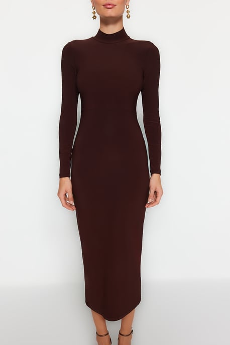 TRENDYOLMİLLA Damen Braun Einfarbig Maxi Lang Abend / Alltag Bodycon Kleider - Image 3