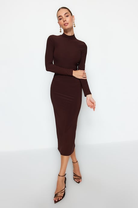 TRENDYOLMİLLA Damen Braun Einfarbig Maxi Lang Abend / Alltag Bodycon Kleider - Image 6