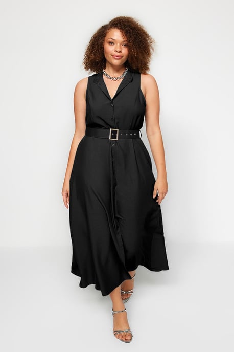 Trendyol Curve Damen Schwarz Einfarbig Maxi Ärmellos Casual Hemdblusenkleid Große Größen Kleid - Image 1