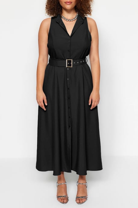 Trendyol Curve Damen Schwarz Einfarbig Maxi Ärmellos Casual Hemdblusenkleid Große Größen Kleid - Image 2