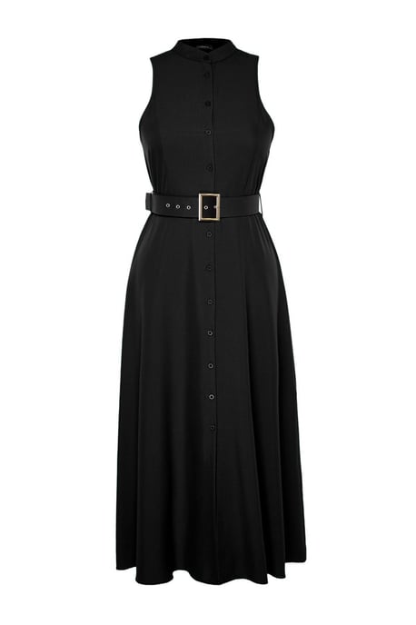 Trendyol Curve Damen Schwarz Einfarbig Maxi Ärmellos Casual Hemdblusenkleid Große Größen Kleid - Image 4
