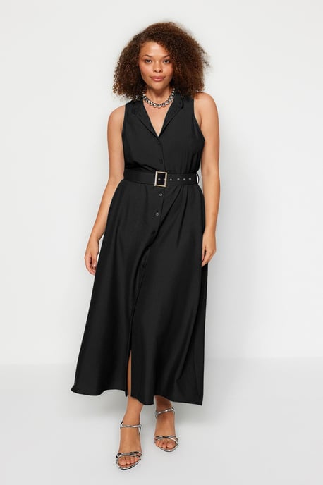 Trendyol Curve Damen Schwarz Einfarbig Maxi Ärmellos Casual Hemdblusenkleid Große Größen Kleid - Image 6