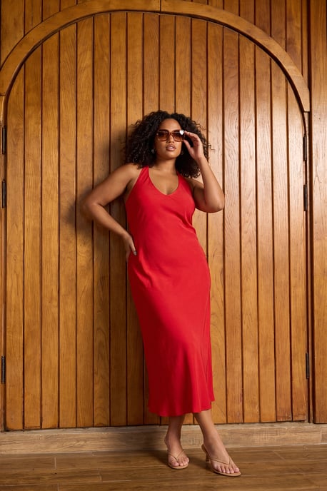 Trendyol Curve Damen Rot Gepunktet Maxi Ärmellos A-Linie Große Größen Kleid - Image 1