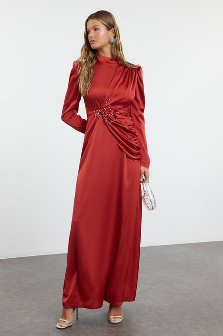 Trendyol Modest Damen Rot Einfarbig Maxi Lang Elegant/Abend Gerade Modest Abend Kleider - Image 1
