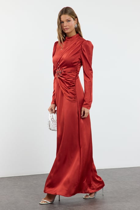 Trendyol Modest Damen Rot Einfarbig Maxi Lang Elegant/Abend Gerade Modest Abend Kleider - Image 5
