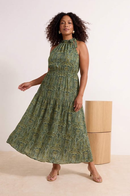 Trendyol Curve Damen Grün Paisley Maxi Ärmellos Casual A-Linie Große Größen Kleid - Image 1