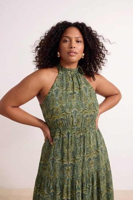 Trendyol Curve Damen Grün Paisley Maxi Ärmellos Casual A-Linie Große Größen Kleid - Image 2