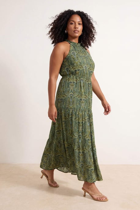 Trendyol Curve Damen Grün Paisley Maxi Ärmellos Casual A-Linie Große Größen Kleid - Image 6