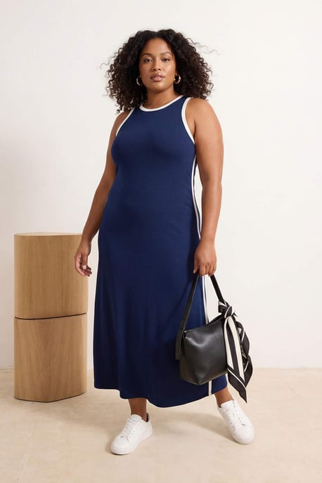 Trendyol Curve Damen Dunkelblau Einfarbig Maxi Ärmellos Casual Gerade Große Größen Kleid - Image 2
