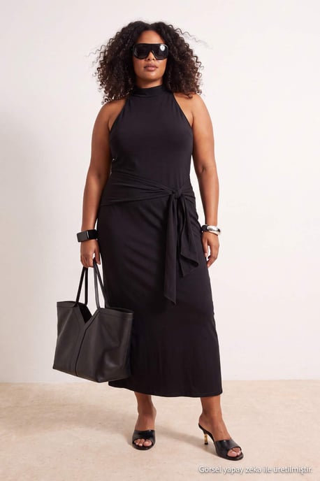 Trendyol Curve Damen Schwarz Einfarbig Maxi Ärmellos Casual Bodycon Große Größen Kleid - Image 6