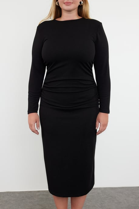 Trendyol Curve Damen Schwarz Einfarbig Maxi Lang Casual Gerade Große Größen Kleid - Image 2