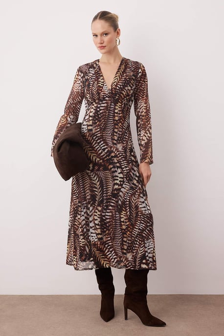 TRENDYOLMİLLA Damen Braun Paisley Maxi Lang Abend / Alltag A-Linie Kleider - Image 1