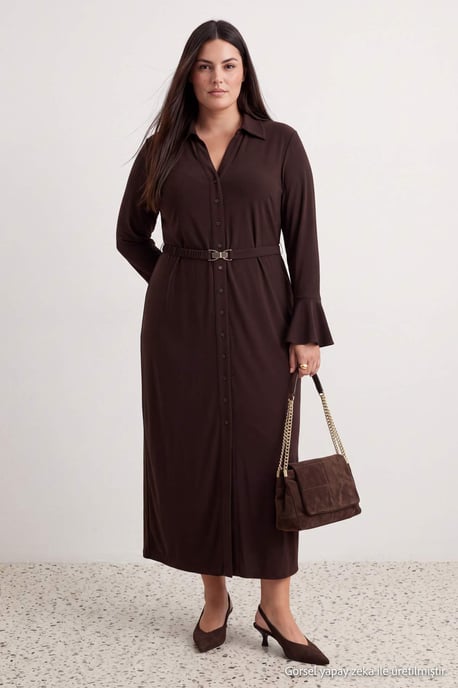 Trendyol Curve Maxi‑kleid, gerade Passform, lang, große Größen (Plus Size) - Braun - Image 3