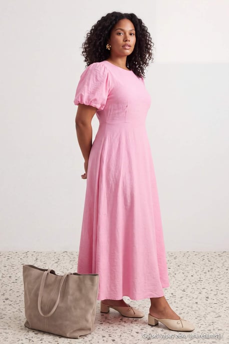 Trendyol Curve Damen Rosa Einfarbig Maxi Kurz A-Linie Große Größen Kleid - Image 6