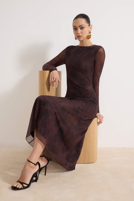 TRENDYOLMİLLA Damen Braun Geblümt Maxi Lang Casual A-Linie Kleider - Image 1