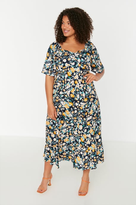 Trendyol Curve Damen Dunkelblau Geblümt Maxi 3/4-Arm Casual A-Linie Große Größen Kleid - Image 2