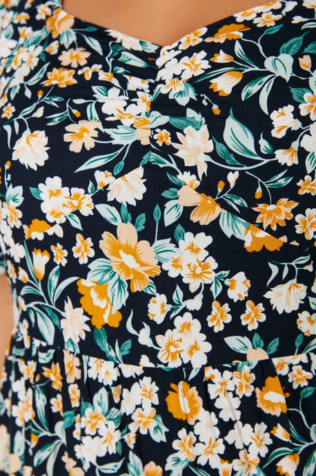 Trendyol Curve Damen Dunkelblau Geblümt Maxi 3/4-Arm Casual A-Linie Große Größen Kleid - Image 3