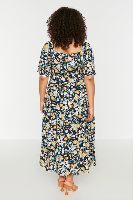 Trendyol Curve Damen Dunkelblau Geblümt Maxi 3/4-Arm Casual A-Linie Große Größen Kleid - Image 4
