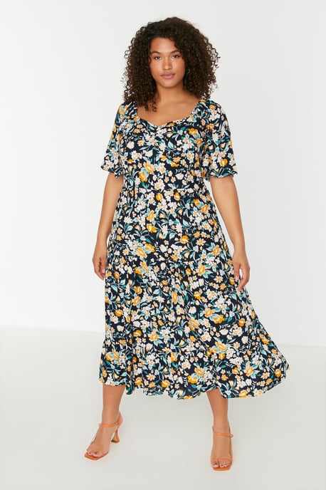 Trendyol Curve Damen Dunkelblau Geblümt Maxi 3/4-Arm Casual A-Linie Große Größen Kleid - Image 6