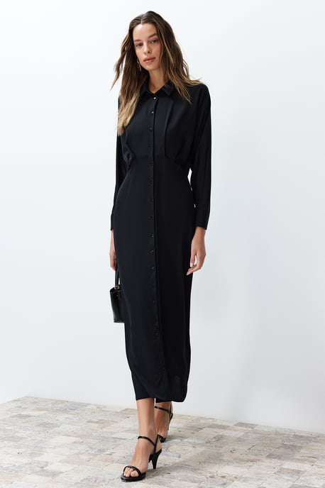Trendyol Modest Damen Schwarz Einfarbig Maxi Lang Casual Hemdblusenkleid Modest Kleider - Image 1