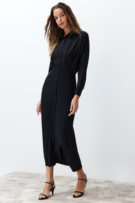 Trendyol Modest Damen Schwarz Einfarbig Maxi Lang Casual Hemdblusenkleid Modest Kleider - Image 2
