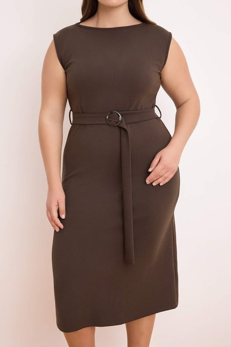Trendyol Curve Damen Braun Einfarbig Maxi Ärmellos Casual Gerade Große Größen Kleid - Image 2