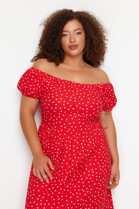 Trendyol Curve Damen Rot Geblümt Maxi Kurz Elegant/Abend A-Linie Große Größen Kleid - Image 2