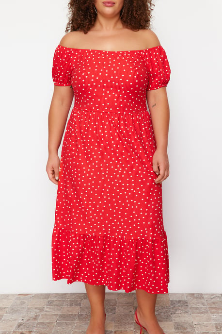 Trendyol Curve Damen Rot Geblümt Maxi Kurz Elegant/Abend A-Linie Große Größen Kleid - Image 3