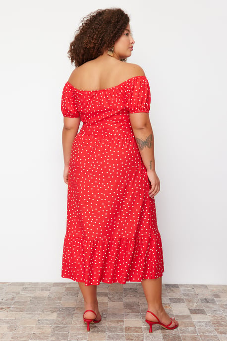 Trendyol Curve Damen Rot Geblümt Maxi Kurz Elegant/Abend A-Linie Große Größen Kleid - Image 5