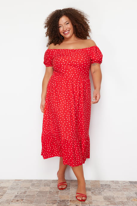 Trendyol Curve Damen Rot Geblümt Maxi Kurz Elegant/Abend A-Linie Große Größen Kleid - Image 6