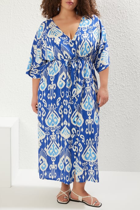 Trendyol Curve Damen Blau Ethno-Muster Maxi Kurz Strandmode A-Linie Große Größen Kleid - Image 2