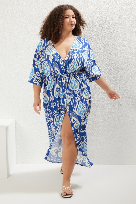 Trendyol Curve Damen Blau Ethno-Muster Maxi Kurz Strandmode A-Linie Große Größen Kleid - Image 6