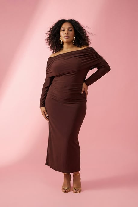 Trendyol Curve Damen Braun Einfarbig Maxi Lang Elegant/Abend A-Linie Große Größen Kleid - Image 1