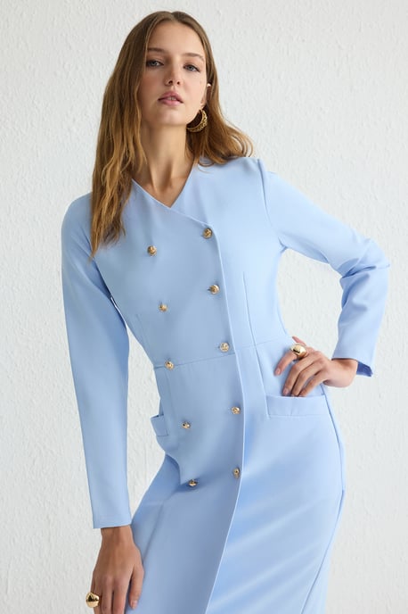Trendyol Modest Damen Blau Einfarbig Maxi Lang Business Zweireihig Modest Kleider - Image 5