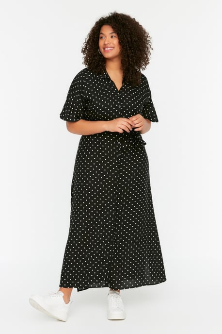 Trendyol Curve Damen Schwarz Gepunktet Maxi Kurz Casual A-Linie Große Größen Kleid - Image 6