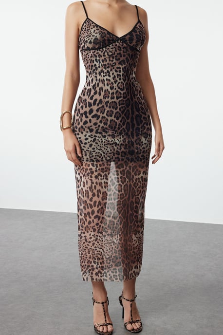 TRENDYOLMİLLA Damen Braun Animal-Print Maxi Ärmellos Elegant/Abend Bodycon Kleider - Image 2