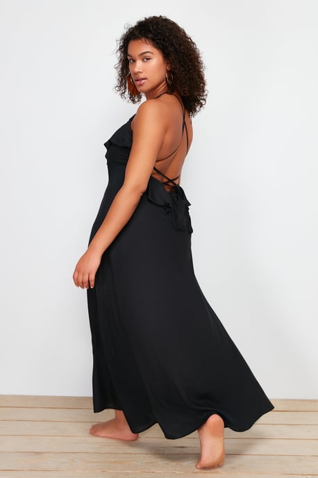 Trendyol Curve Damen Schwarz Einfarbig Maxi Ärmellos Strandmode A-Linie Große Größen Kleid - Image 2