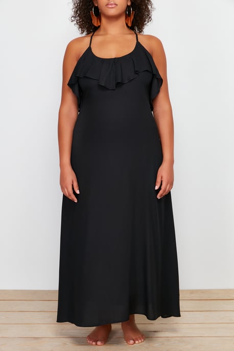 Trendyol Curve Damen Schwarz Einfarbig Maxi Ärmellos Strandmode A-Linie Große Größen Kleid - Image 3