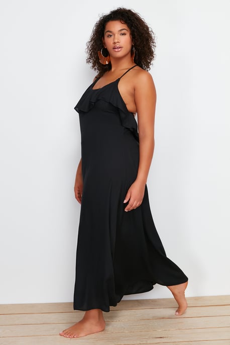 Trendyol Curve Damen Schwarz Einfarbig Maxi Ärmellos Strandmode A-Linie Große Größen Kleid - Image 6