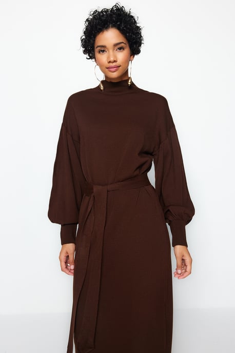 Trendyol Modest Damen Braun Einfarbig Maxi Lang Casual Gerade Modest Kleider - Image 2