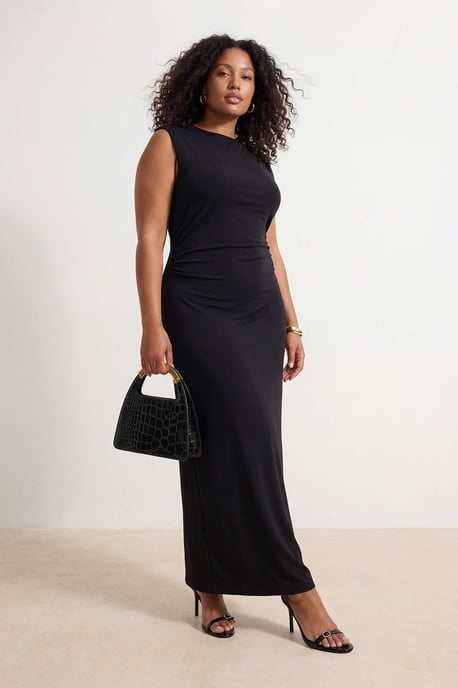 Trendyol Curve Damen Schwarz Einfarbig Maxi Ärmellos Casual Gerade Große Größen Kleid - Image 2