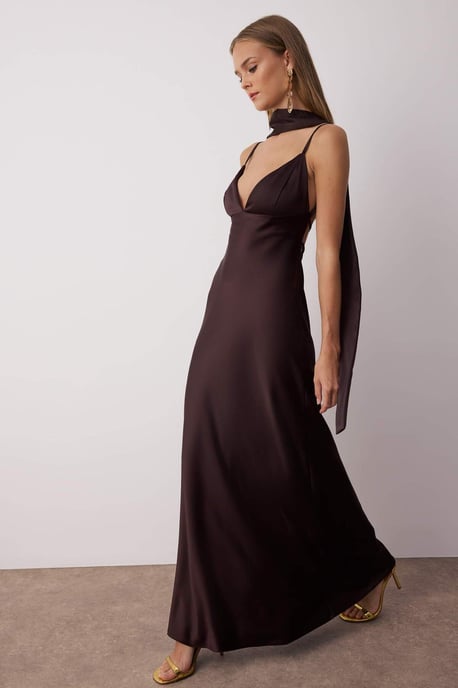 TRENDYOLMİLLA Damen Braun Einfarbig Maxi Ärmellos Elegant/Abend A-Linie Kleider - Image 1