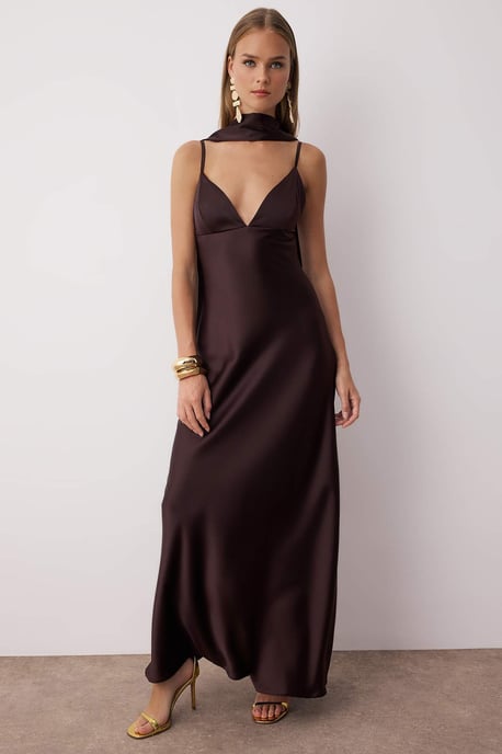 TRENDYOLMİLLA Damen Braun Einfarbig Maxi Ärmellos Elegant/Abend A-Linie Kleider - Image 4