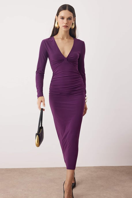 TRENDYOLMİLLA Damen Lila Einfarbig Maxi Lang Elegant/Abend Bodycon Kleider - Image 1