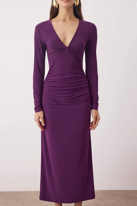 TRENDYOLMİLLA Damen Lila Einfarbig Maxi Lang Elegant/Abend Bodycon Kleider - Image 2