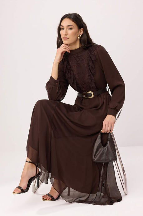 Trendyol Modest Damen Braun Einfarbig Maxi Lang Abend / Alltag Skater Modest Kleider - Image 4